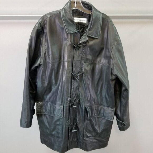 Vintage Irvine Park Black Leather Hounds tooth Button Zip-up- Men Sz Lar… - Picture 1 of 9